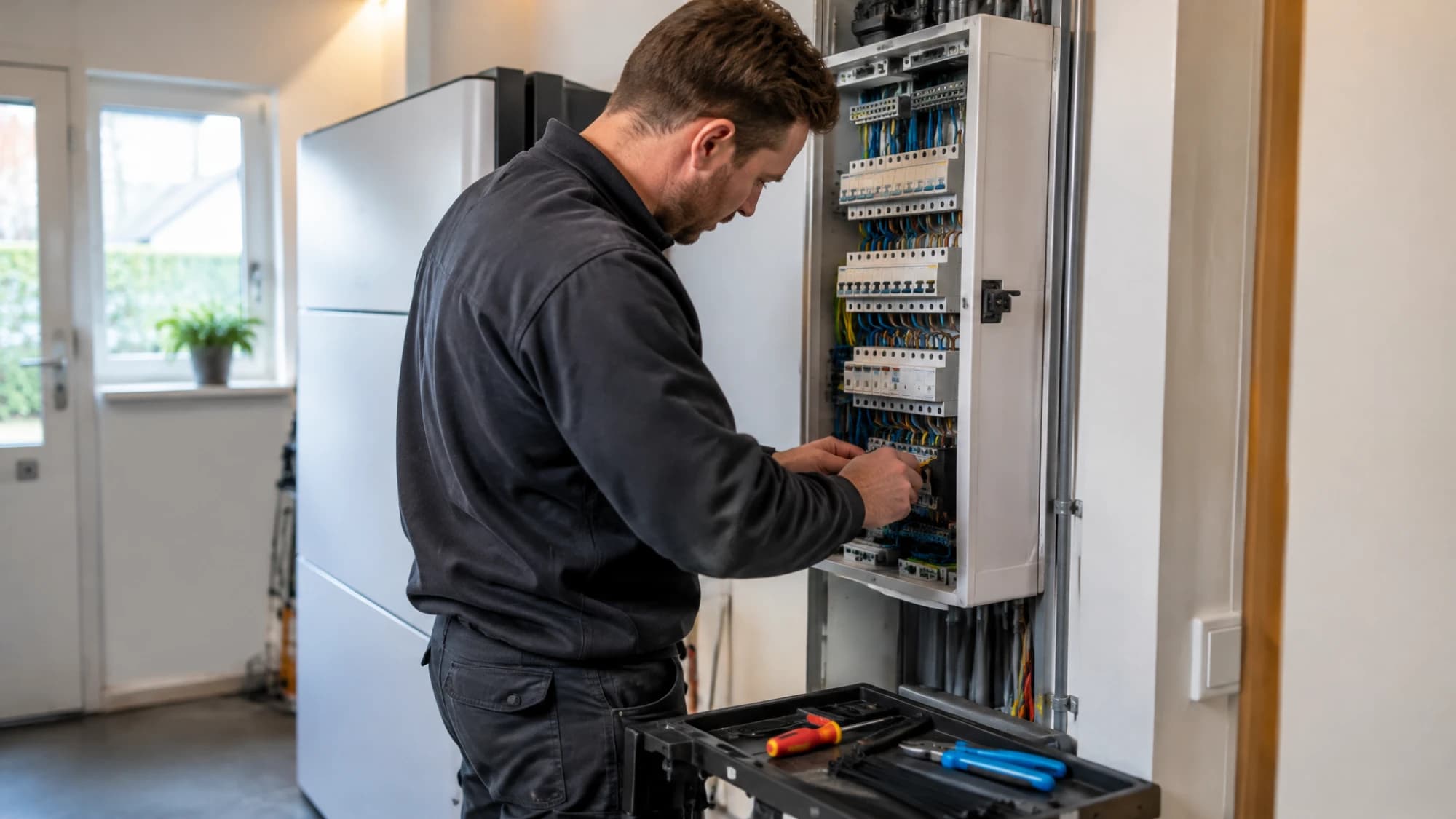 Installateur sluit een thuisbatterij aan in de meterkast