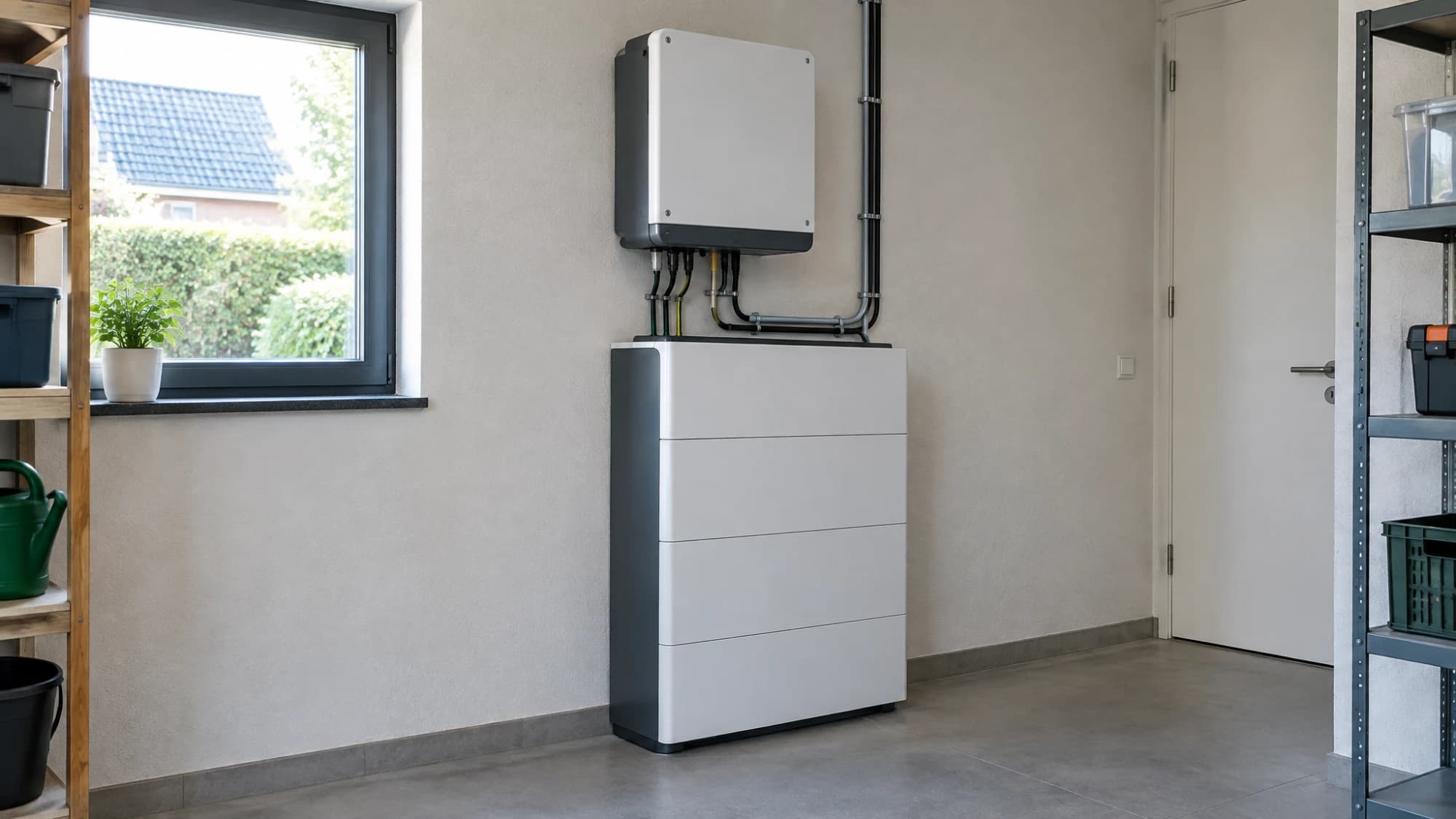 Vaste thuisbatterij met hybride omvormer erboven, netjes geïnstalleerd in een berging
